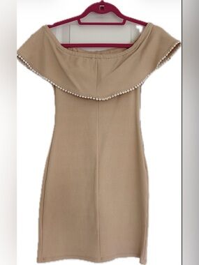 WAYF Off-Shoulder Beige Bardot Mini Dress XS
